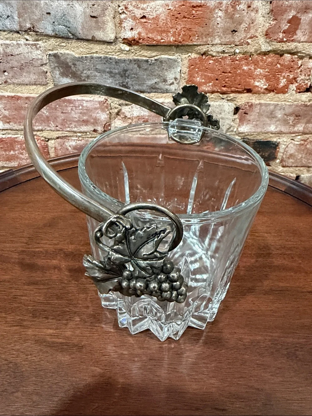 Vintage Italian Cut Glass Ice Bucket with Ornate Grape Handle